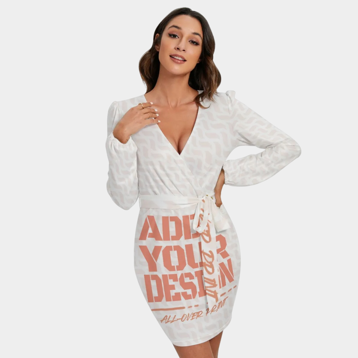 All-Over Print Women's Long Sleeve Dress With Waist Belt